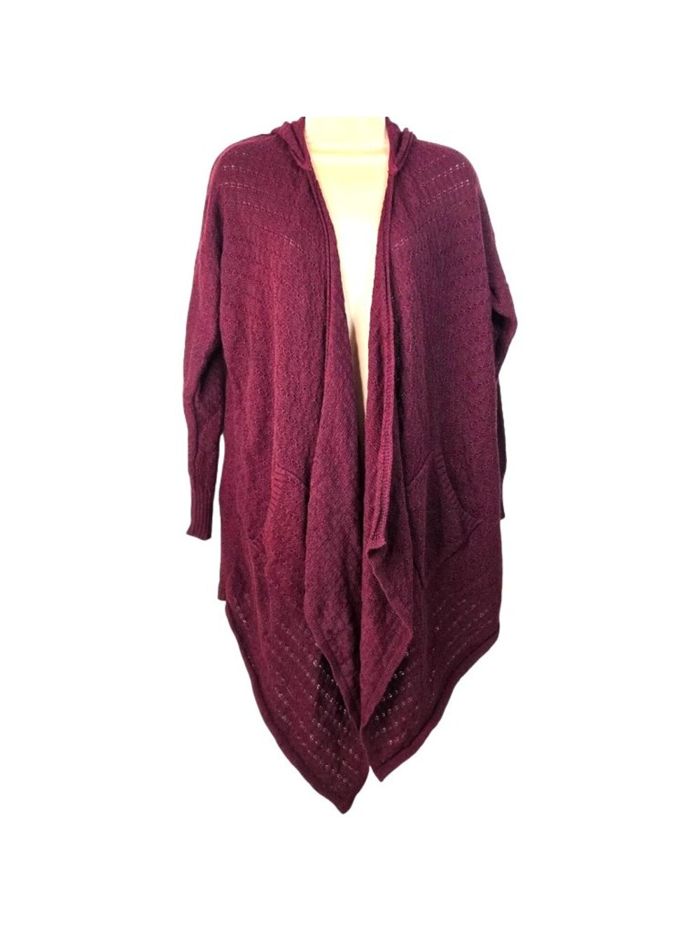 American Eagle Hooded Open Front Knit Cardigan Sweater Burgundy Waterfall Medium